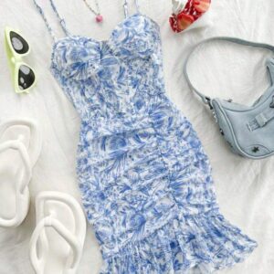 Robe Courte d’Été Sans Manches Femme – Ourlet Fleuri et Volants