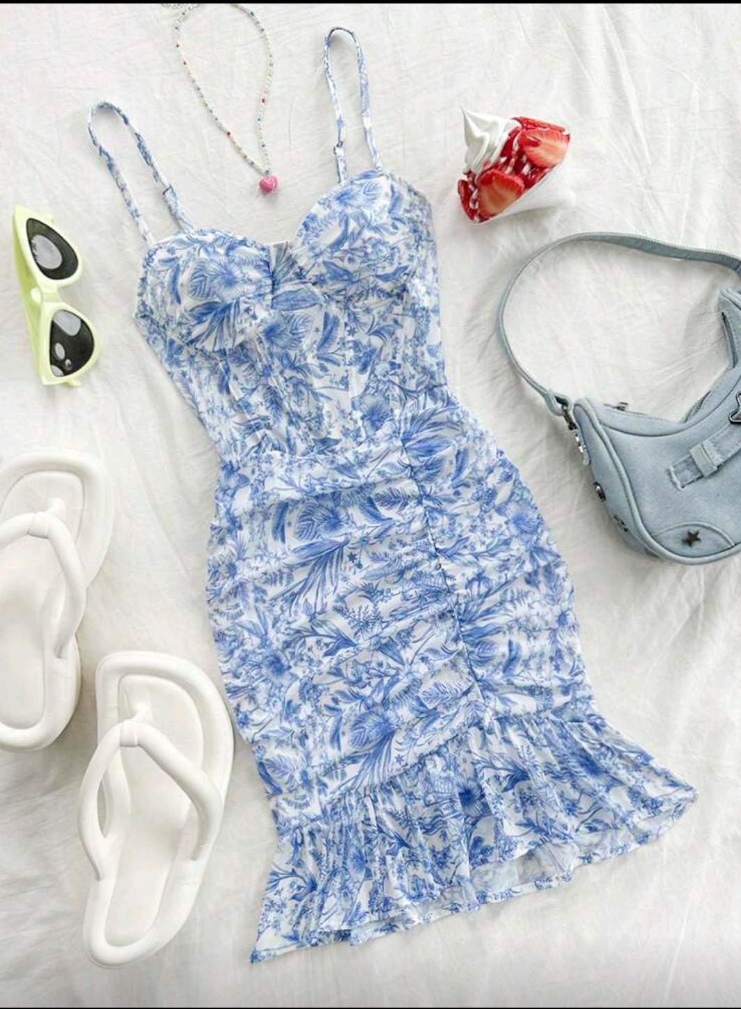 Robe Courte d’Été Sans Manches Femme – Ourlet Fleuri et Volants