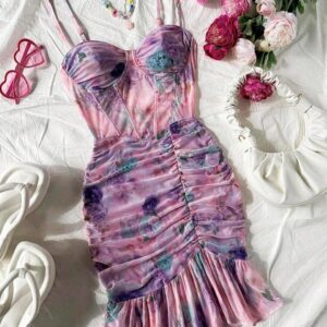 Robe Ajustée Femme à Volants – Motif Roses Style Rétro Sexy